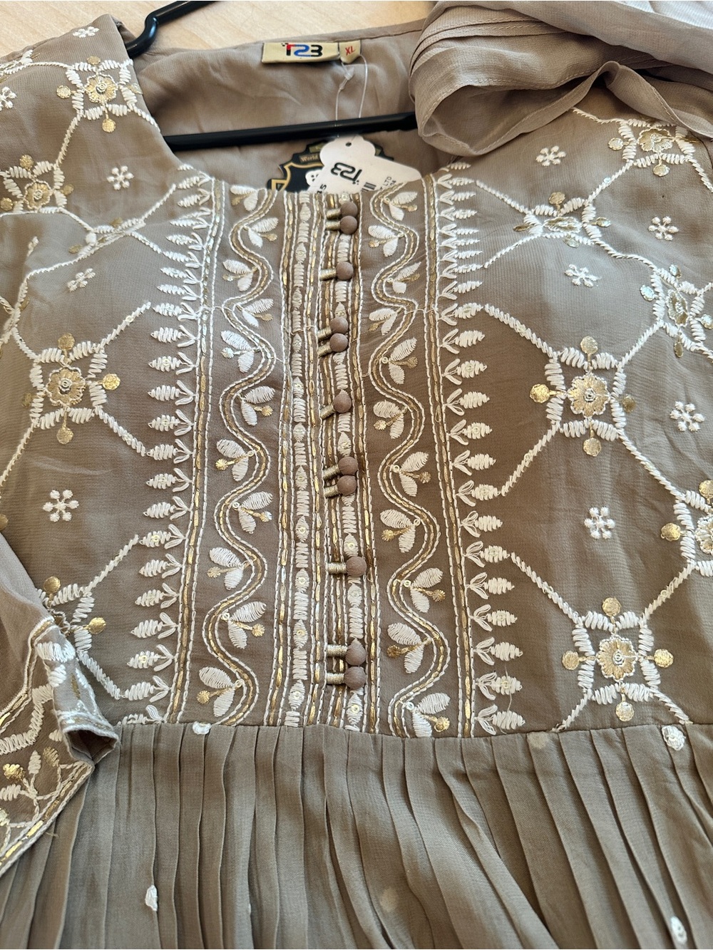 Embroidered Pleated Dress in Taupe by